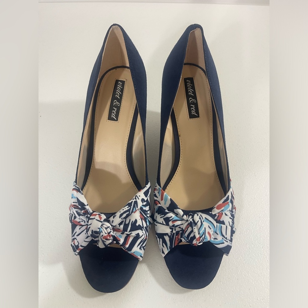Navy Heels with Patterned Bow by Violet & Reed